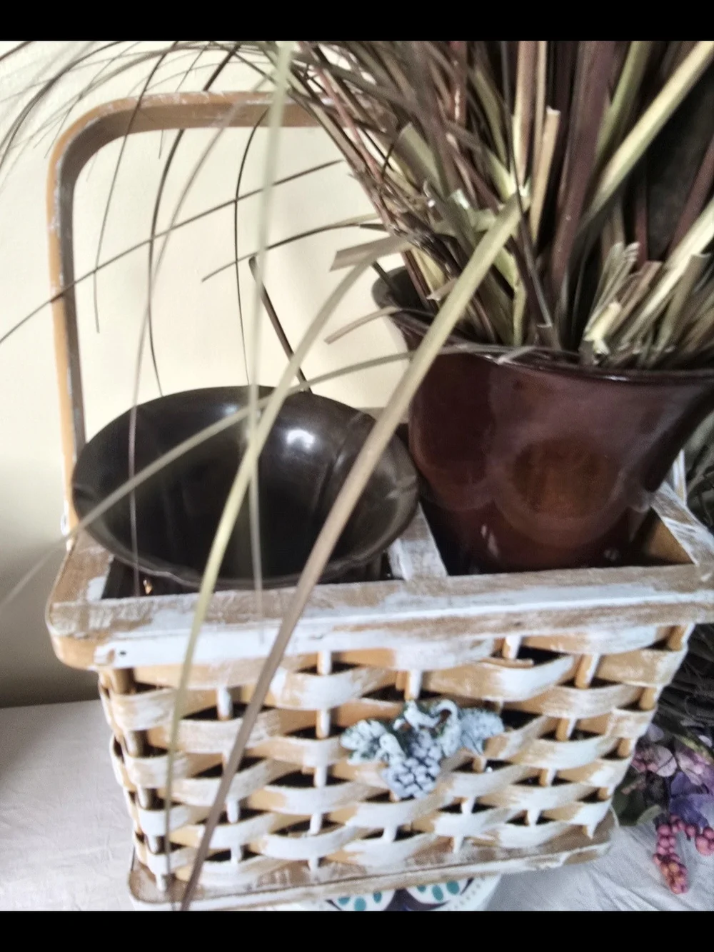 Rustic Distressed Wooden Double Basket Planter / Storage Caddy with Handle